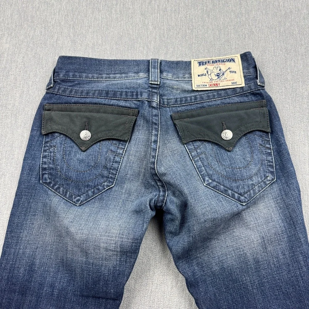True Religion Jeans Mens 30x26 Blue Denim Skinny Flap Pocket Leather Trim Cotton